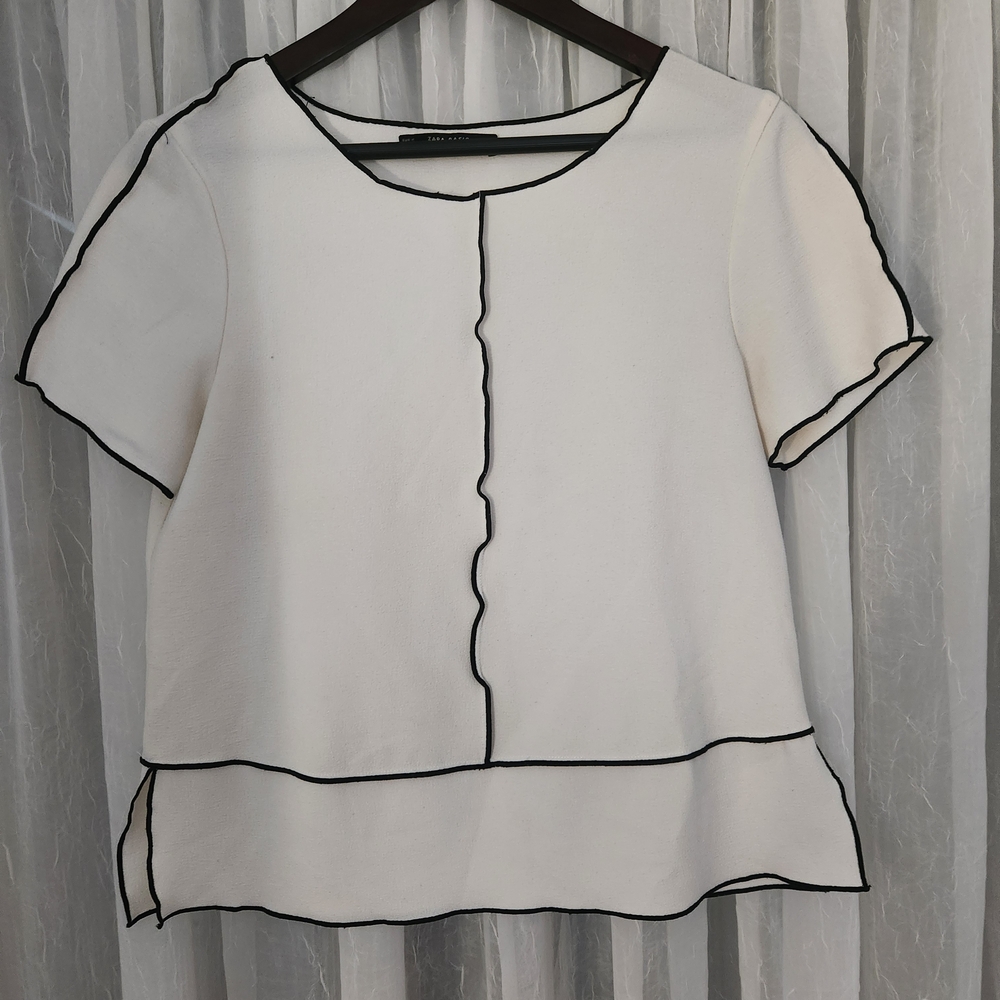 Zara White Blouse with Black Piping-Size M - Picture 2 of 7